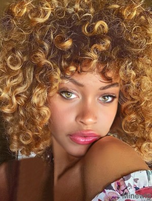 Curly Wigs with Bangs for Black Women Kinky Curly Synthetic Hair Heat Resistant 12 Inch