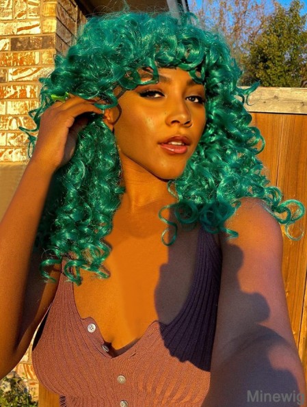 Green Curly Wigs for Black Women Long Curly Afro Wig with Bangs for Women