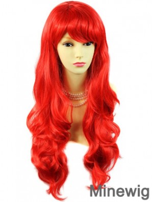 Hot Sale Human Hair Long Wavy With Bangs 24 Inches Red Wigs 