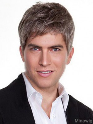 Straight Grey 100% Hand Tied Remy Human 6 inch Silk Wigs For Men