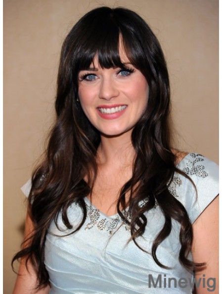 Fashionable Black Long Wavy 25 inch With Bangs Zooey Deschanel Wigs