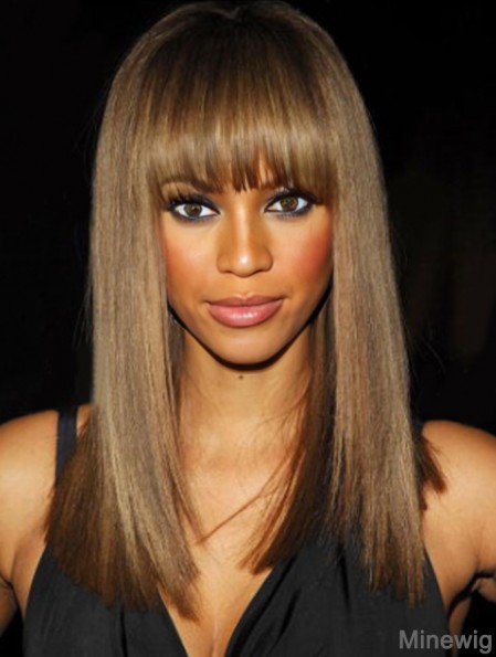 Brown Straight With Bangs Lace Front 16 inch Affordable Tyra Banks Wigs