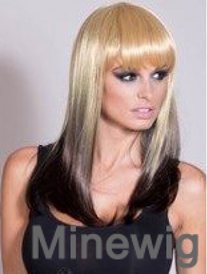 Affordable Ombre/2 Tone Long Straight With Bangs 20 inch Human Lace Wigs