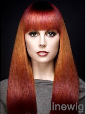 Popular Ombre/2 Tone Long Straight With Bangs 18 inch Human Lace Wigs