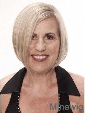 Remy Human Grey Short Straight Monofilament Platinum Blonde Wigs